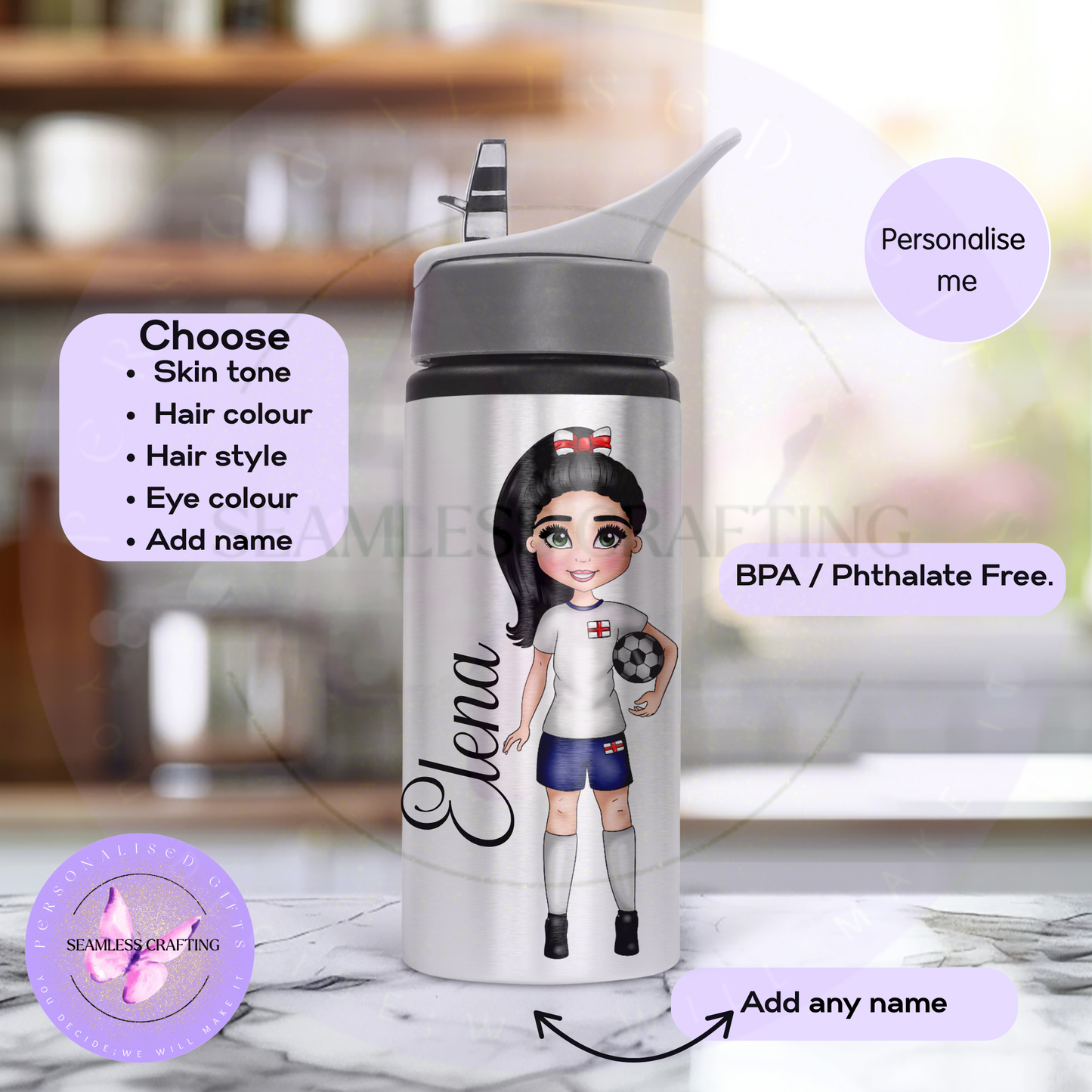Silver aluminium personalised football water bottle for girls with England themed design