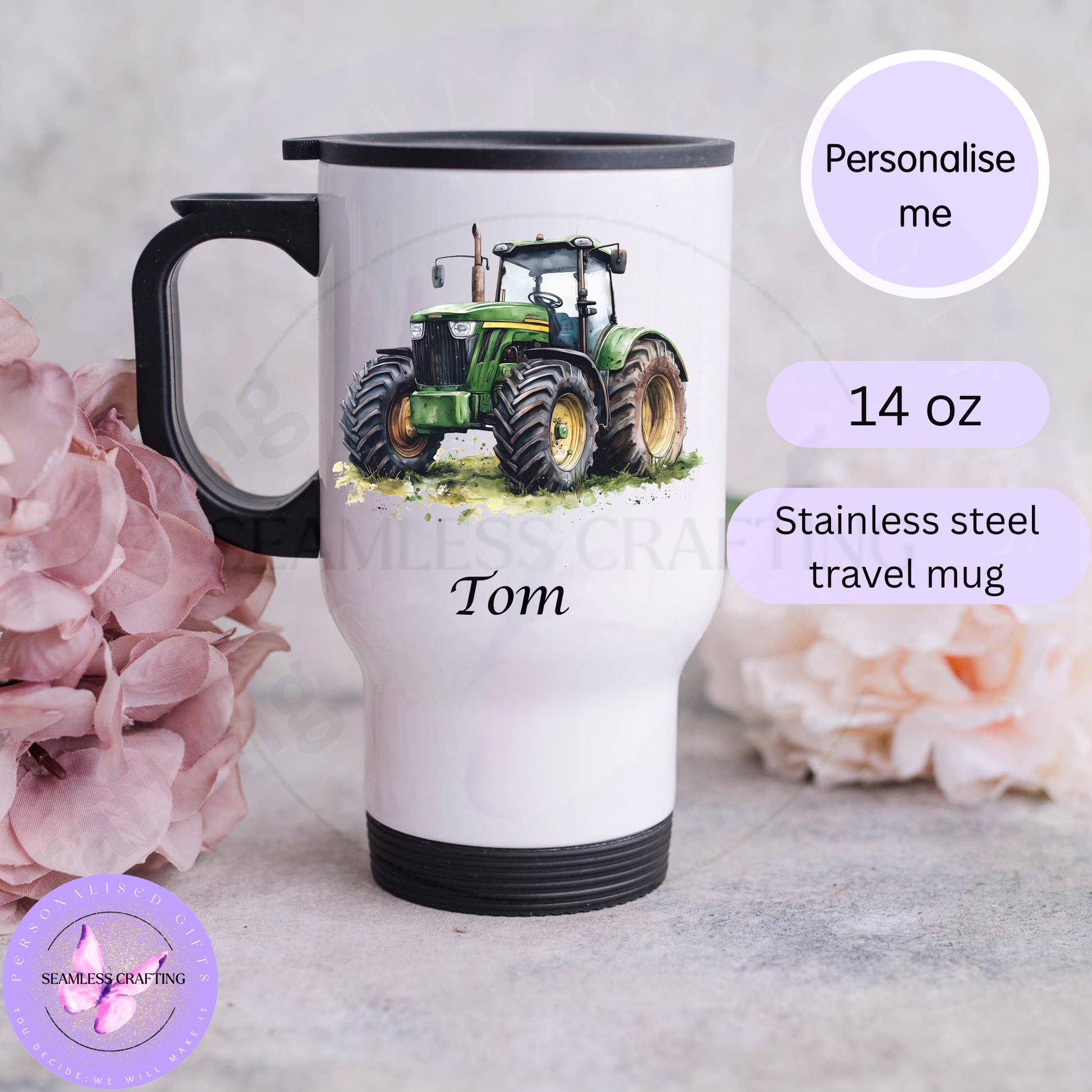 Personalised 14 oz stainless steel travel mug with green tractor design and custom name Tom