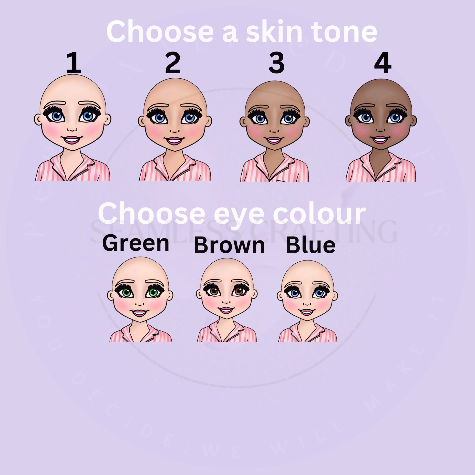 Custom character chart showing four skin tones and green, brown and blue eye colours
