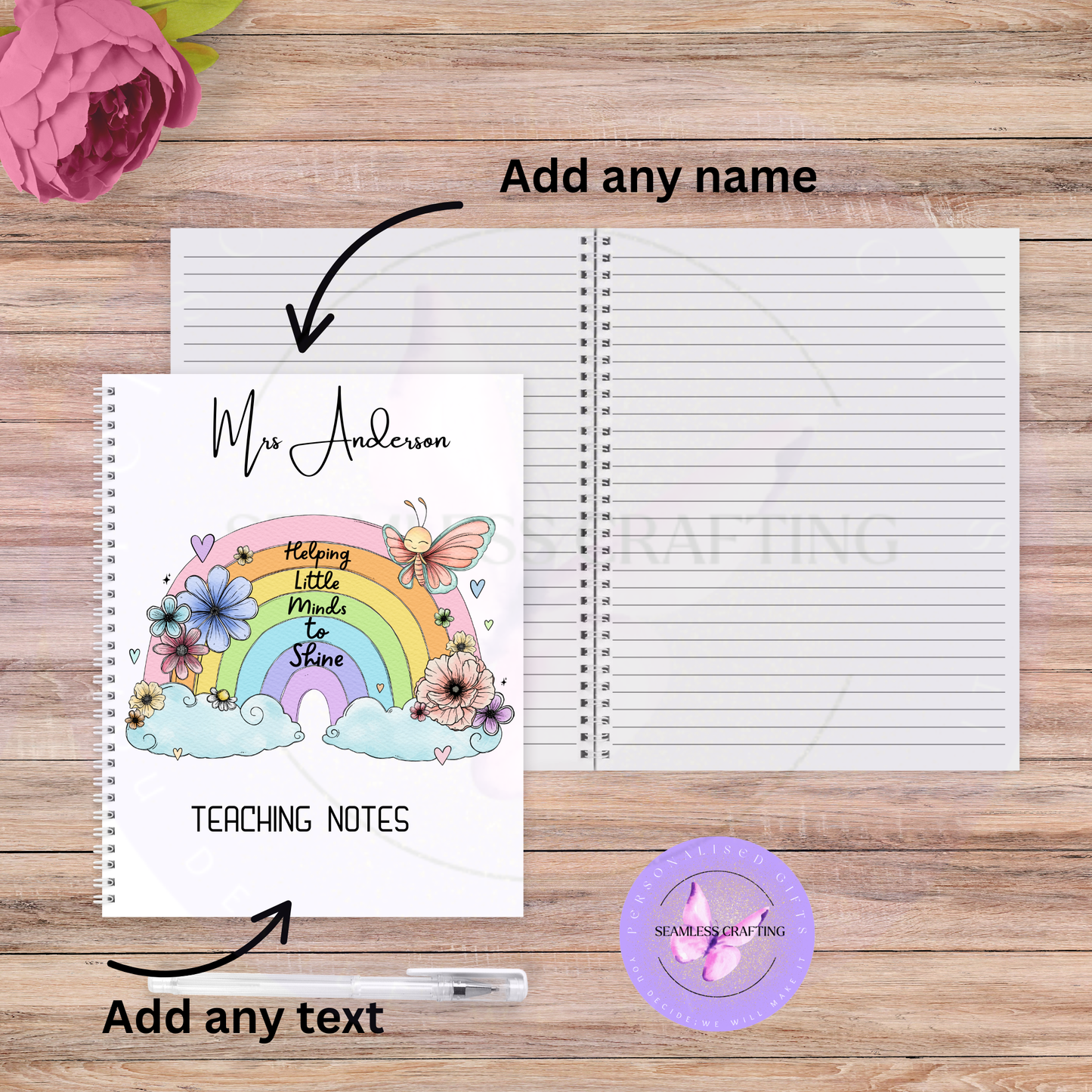 Personalised Teacher Notebook Gift – Rainbow A5 Teaching Notes Journal | Thank You Teacher Gift | Custom Teacher Planner