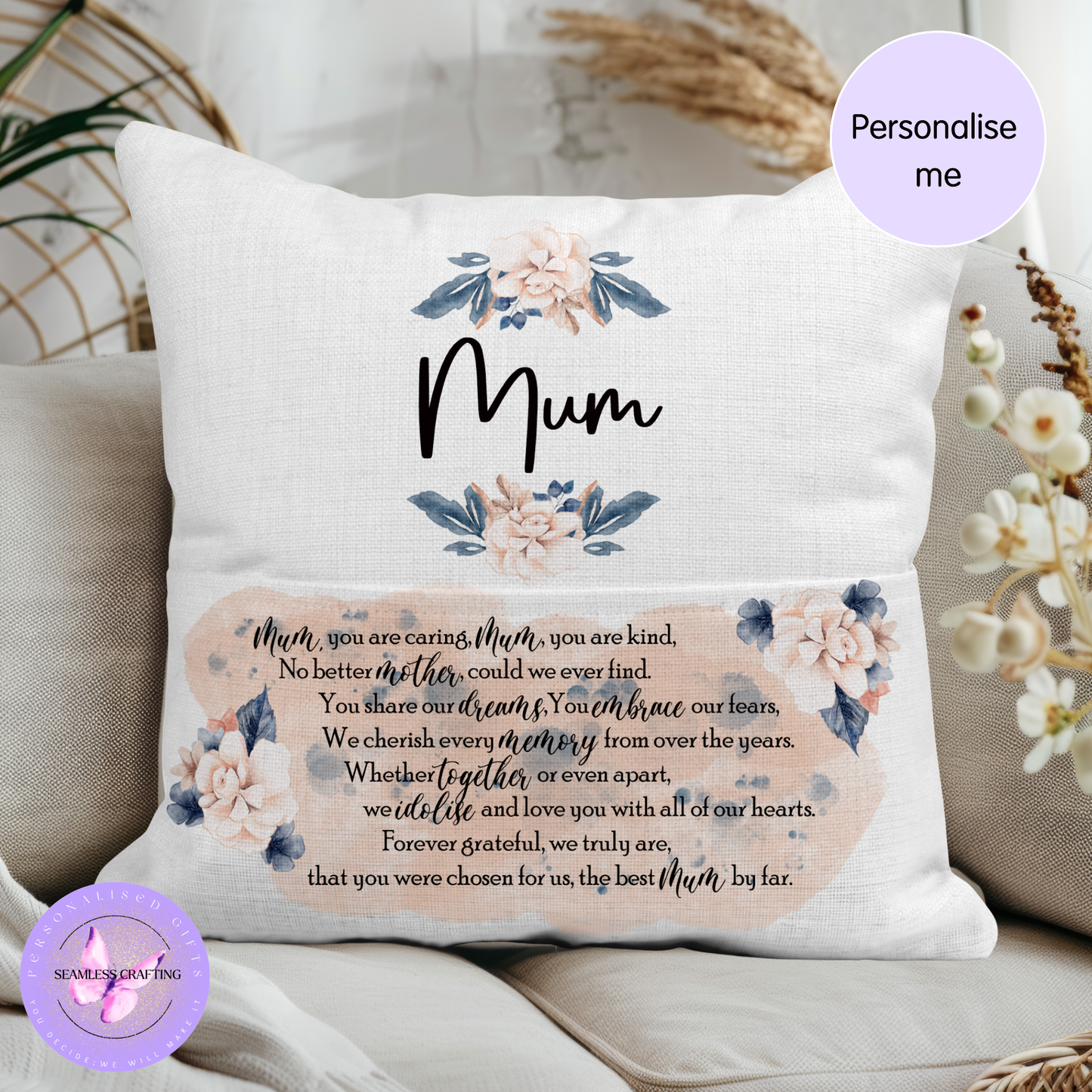 Personalised Mum Cushion & 11oz Mug Set – Floral Mother’s Day Gift – Custom Poem Pillow – Gift for Mum UK