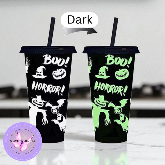 24oz Halloween Glow in the Dark Cold Cup – Boo Horror Reusable Tumbler with Lid & Straw