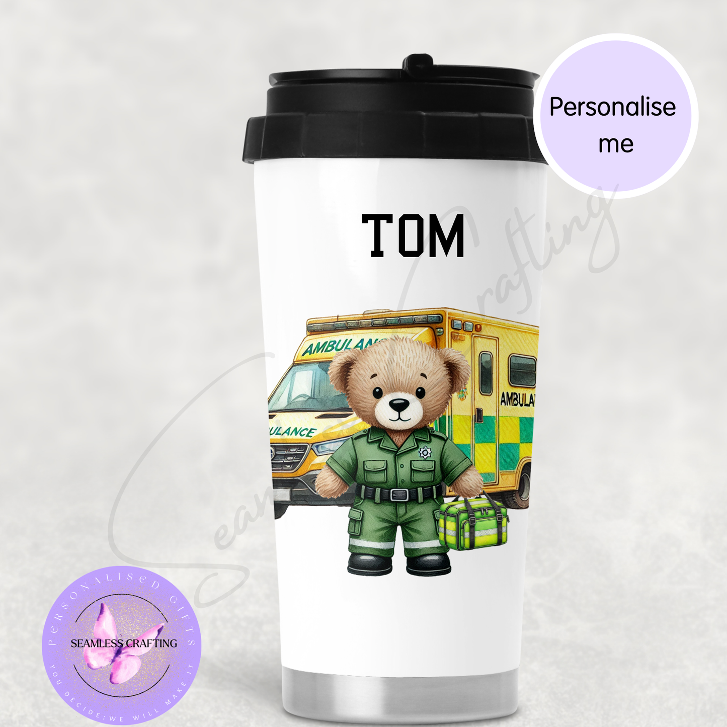 Personalised Paramedic Bear Mug or Travel Mug – Custom Name Ambulance Gift