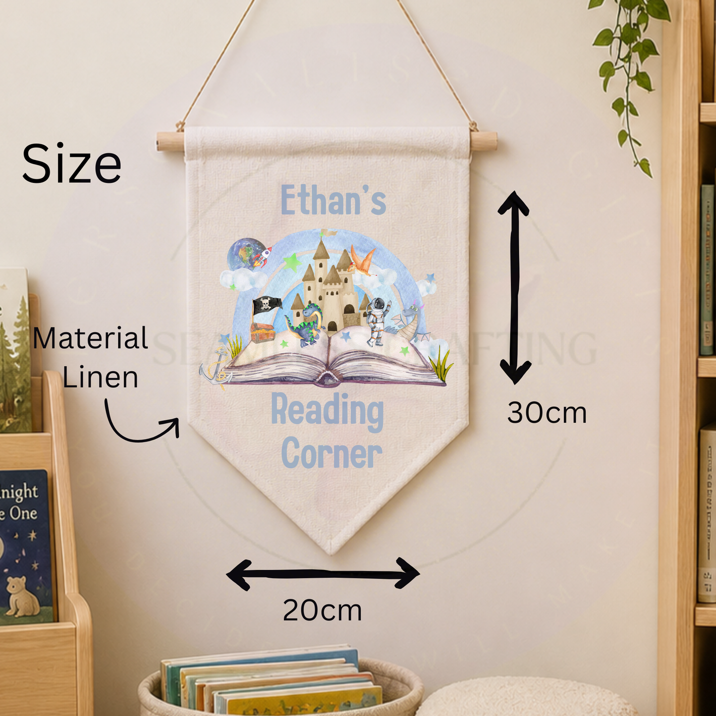 Personalised reading corner banner size guide 30cm by 20cm linen fabric kids wall decor with custom name