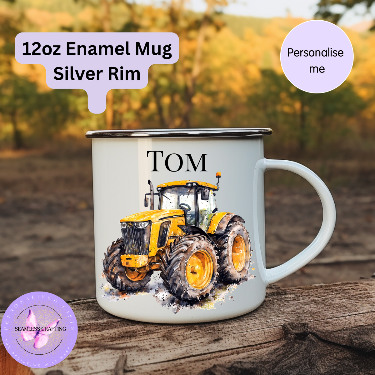 Personalised yellow tractor 12oz enamel mug with silver rim