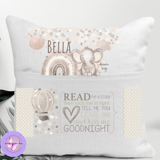 Personalised Girls Reading Cushion – Custom Name Book Pillow with Pocket – Elephant Storytime Cushion for Kids Bedroom