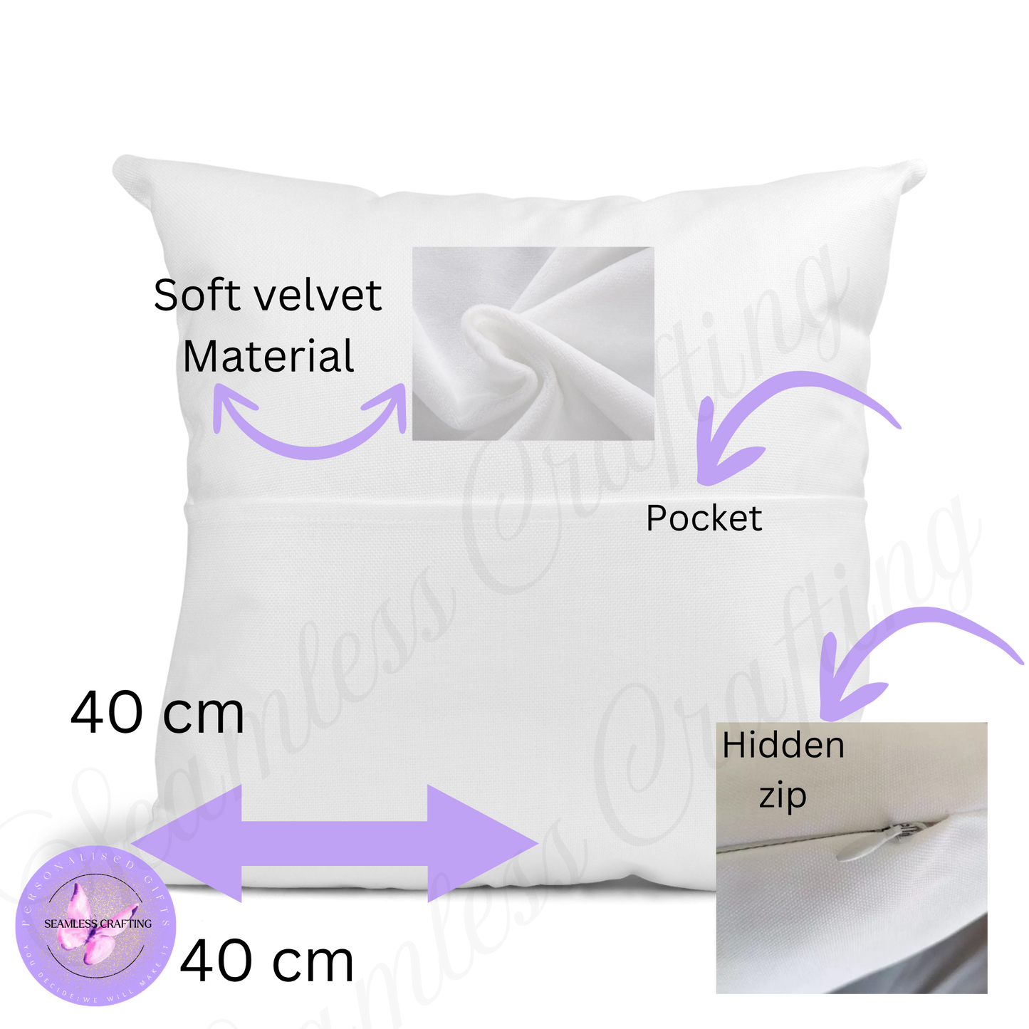 40cm soft velvet reading cushion showing front book pocket and hidden zip