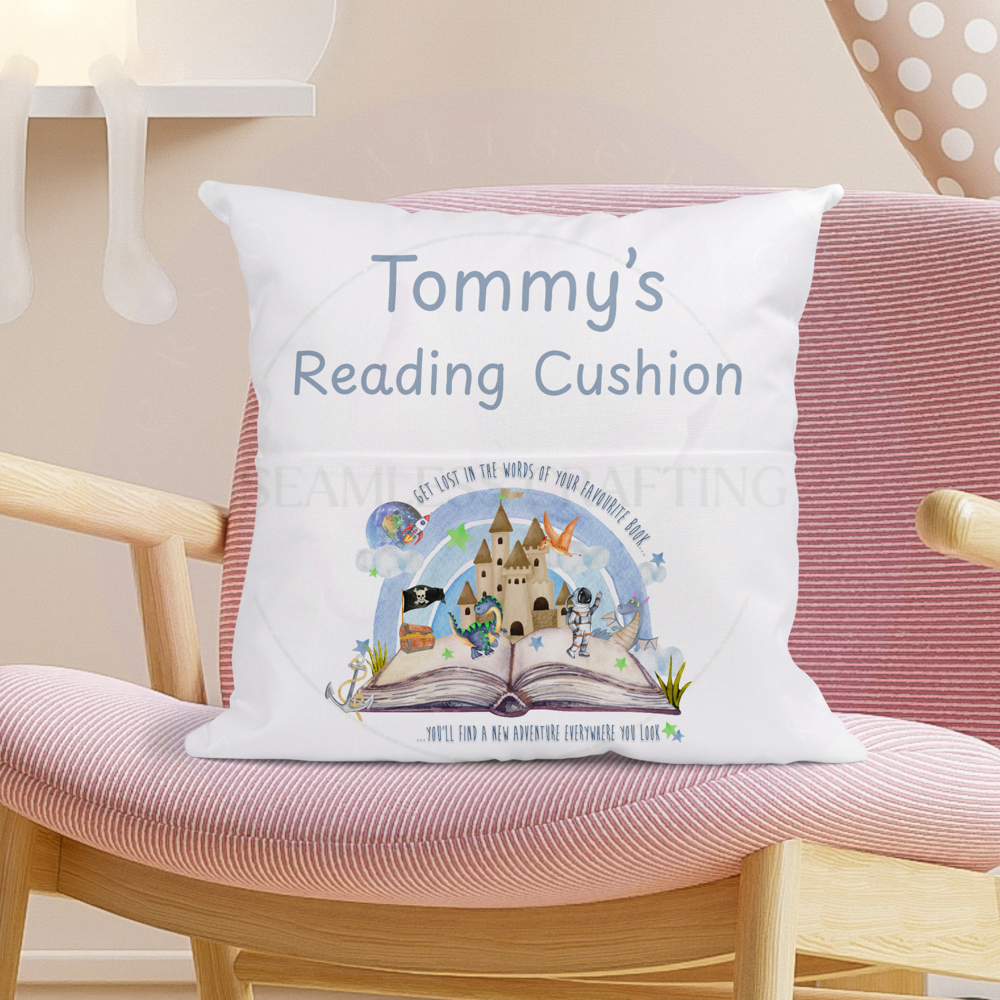 Custom name reading cushion for kids with pocket book pillow storybook castle dragon design cosy chair setup