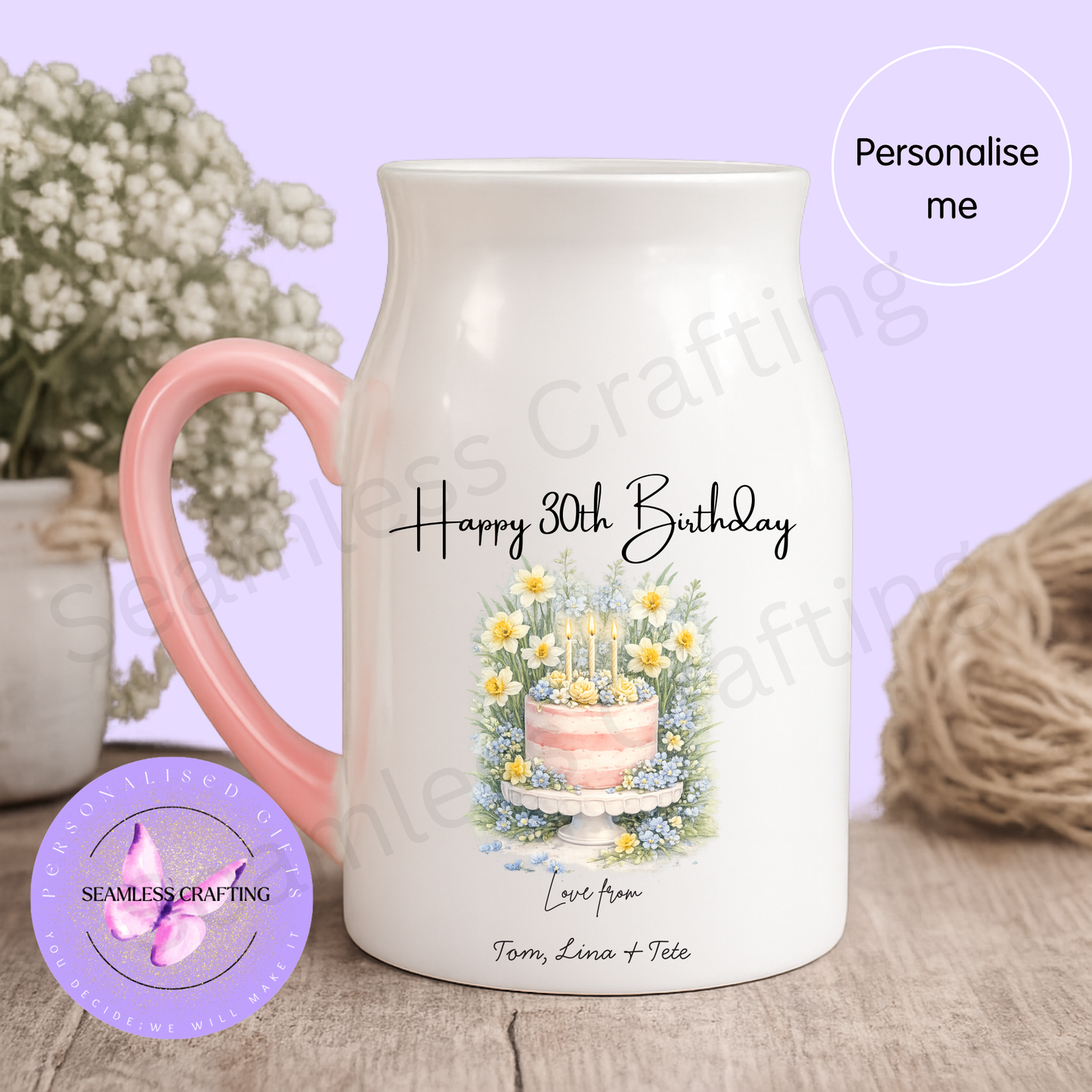 personalised 30th birthday flower jug floral cake design pink handle ceramic vase