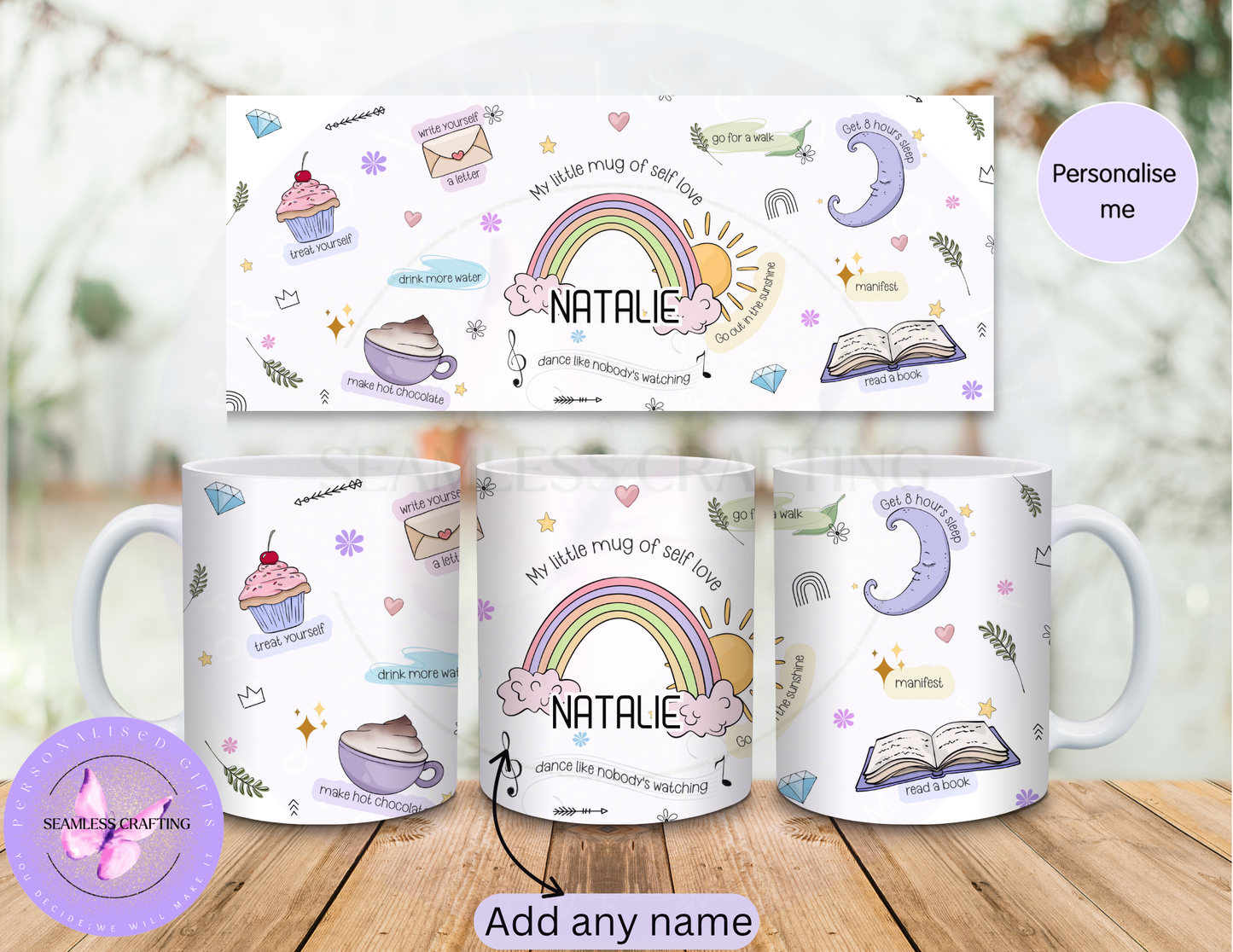 Personalised self love mug full wrap design with custom name Natalie and pastel self care illustrations