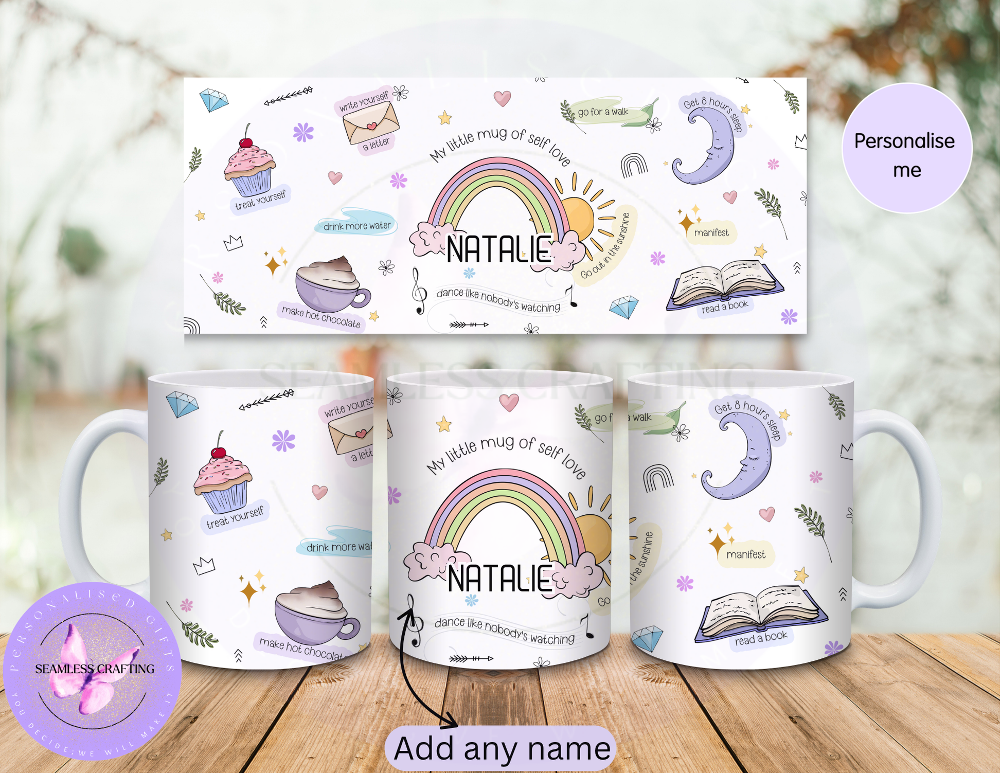 Personalised self love mug full wrap design with custom name Natalie and pastel self care illustrations