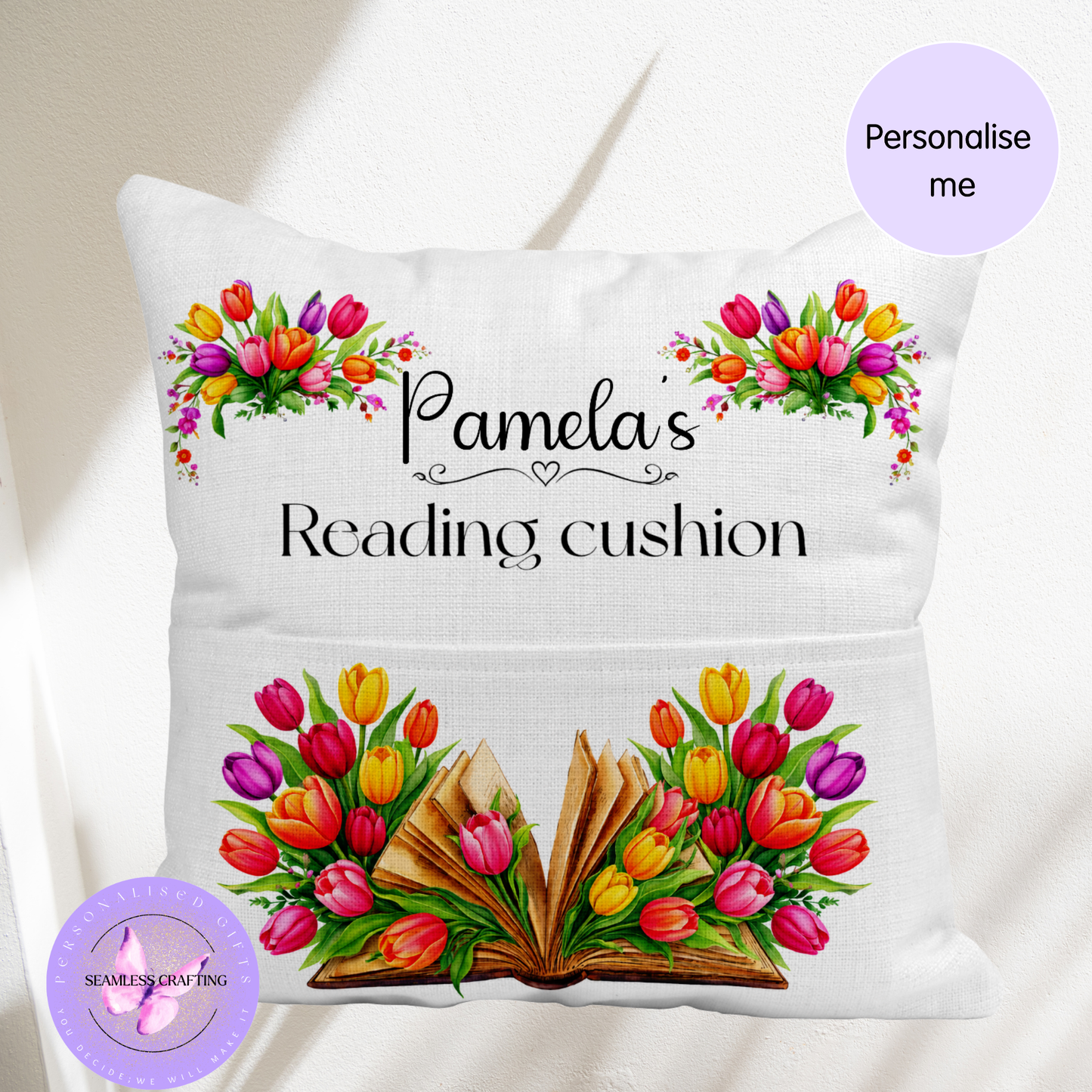 Personalised Tulip Reading Cushion with Pocket