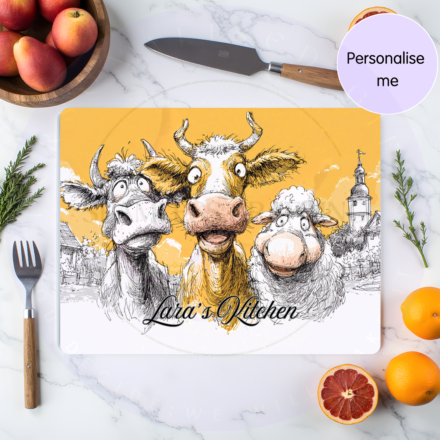 Glass chopping board with farm animals placed on kitchen worktop, personalised farmhouse decor with custom text