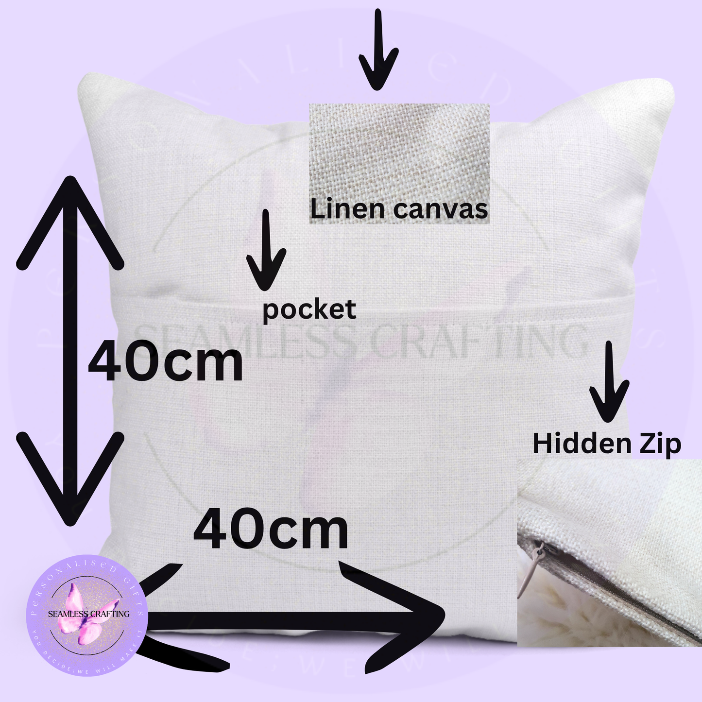 40 x 40cm linen canvas reading cushion with front book pocket and hidden zip