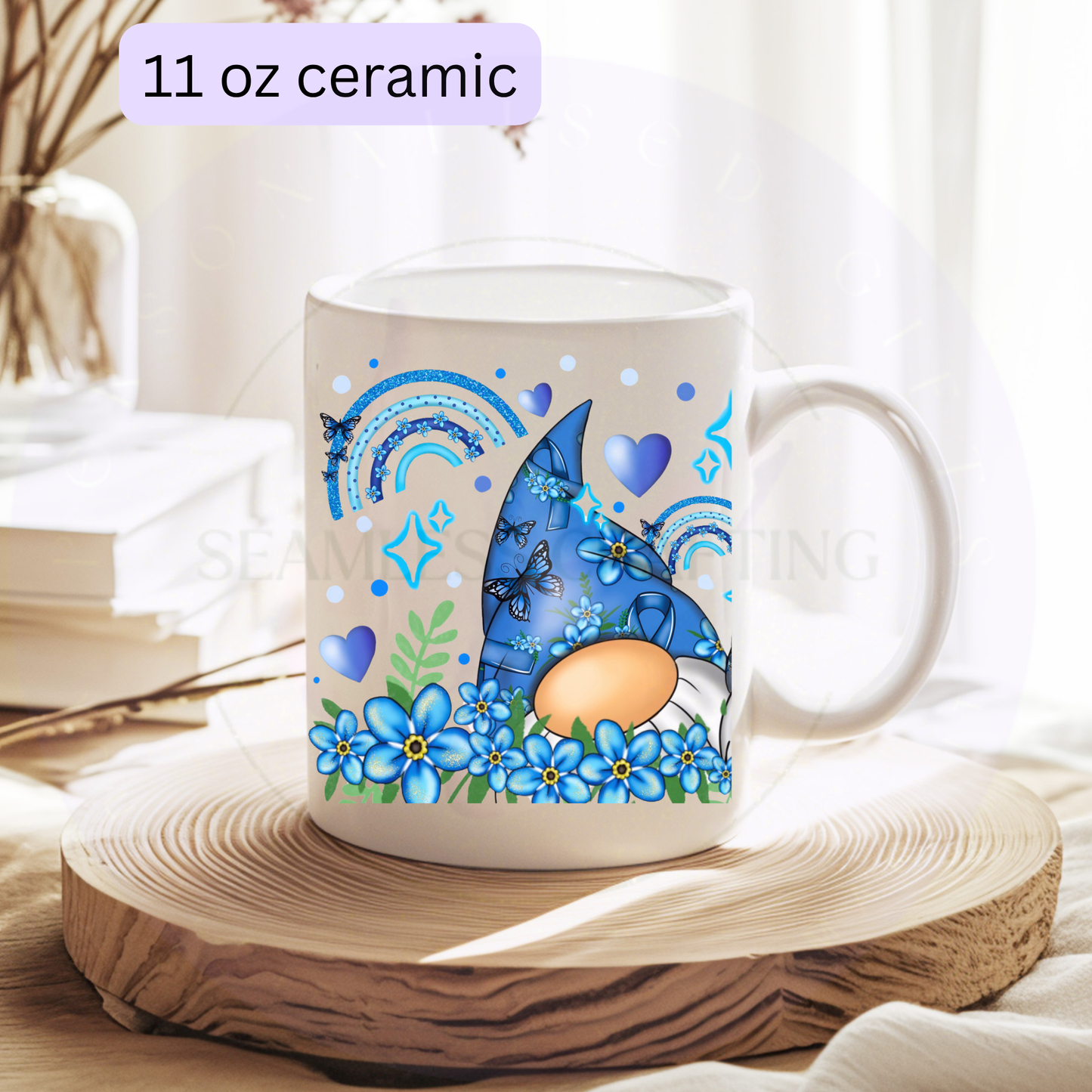 White personalised Forget Me Not gonk mug on wooden tray