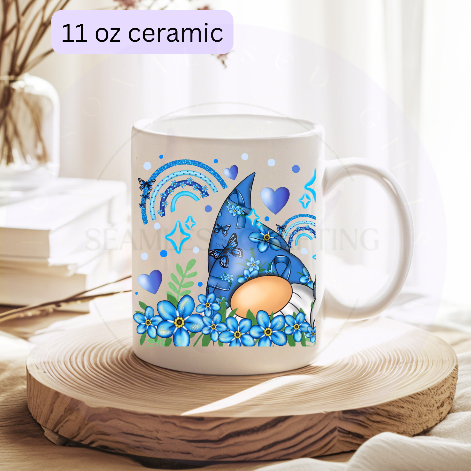 White personalised Forget Me Not gonk mug on wooden tray
