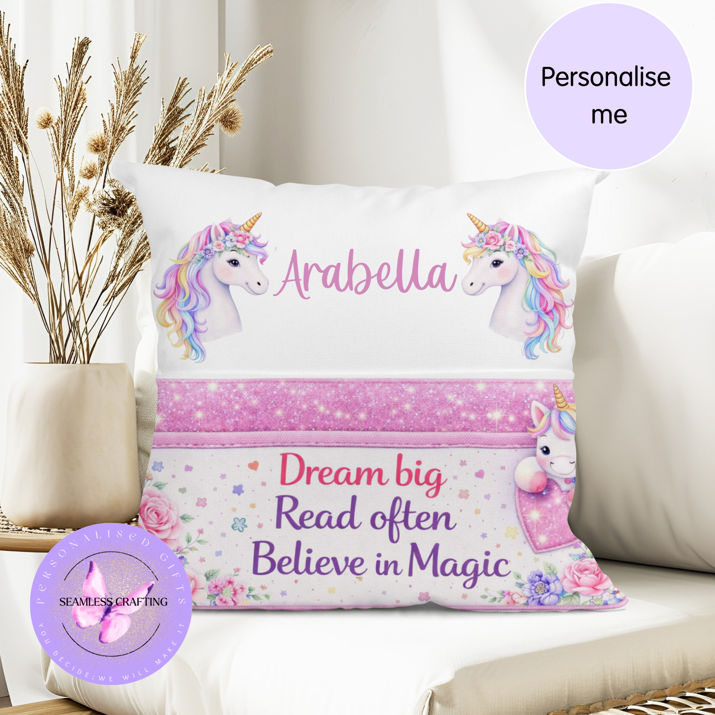 Personalised Unicorn Reading Cushion with Pocket, Girls Book Pillow Gift, Custom Name Cushion, Kids Reading Gift, Bedroom Decor