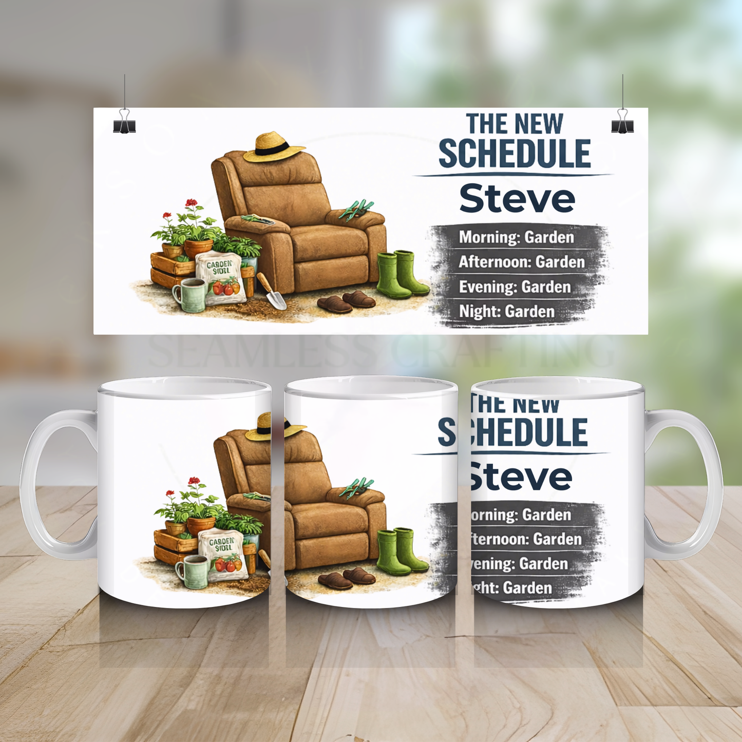 Personalised retirement mug for men with gardening chair design and custom name, funny garden schedule gift for dad or grandad
