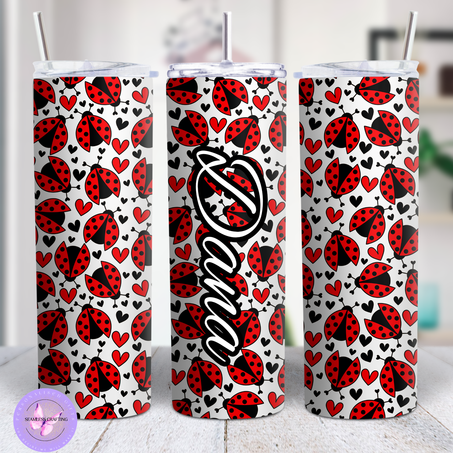 Personalised Ladybug Stainless Steel Tumbler – 15oz or 20oz – Red or Pink – Custom Name Travel Cup with Lid & Straw – Cute Gift for Her