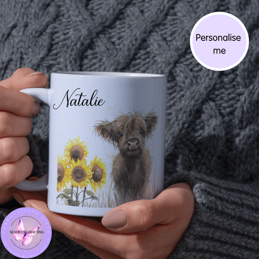 Personalised Highland Cow Mug – Custom Nanna/Nanny/Nan Gift – Sunflower Ceramic Mug (11oz)