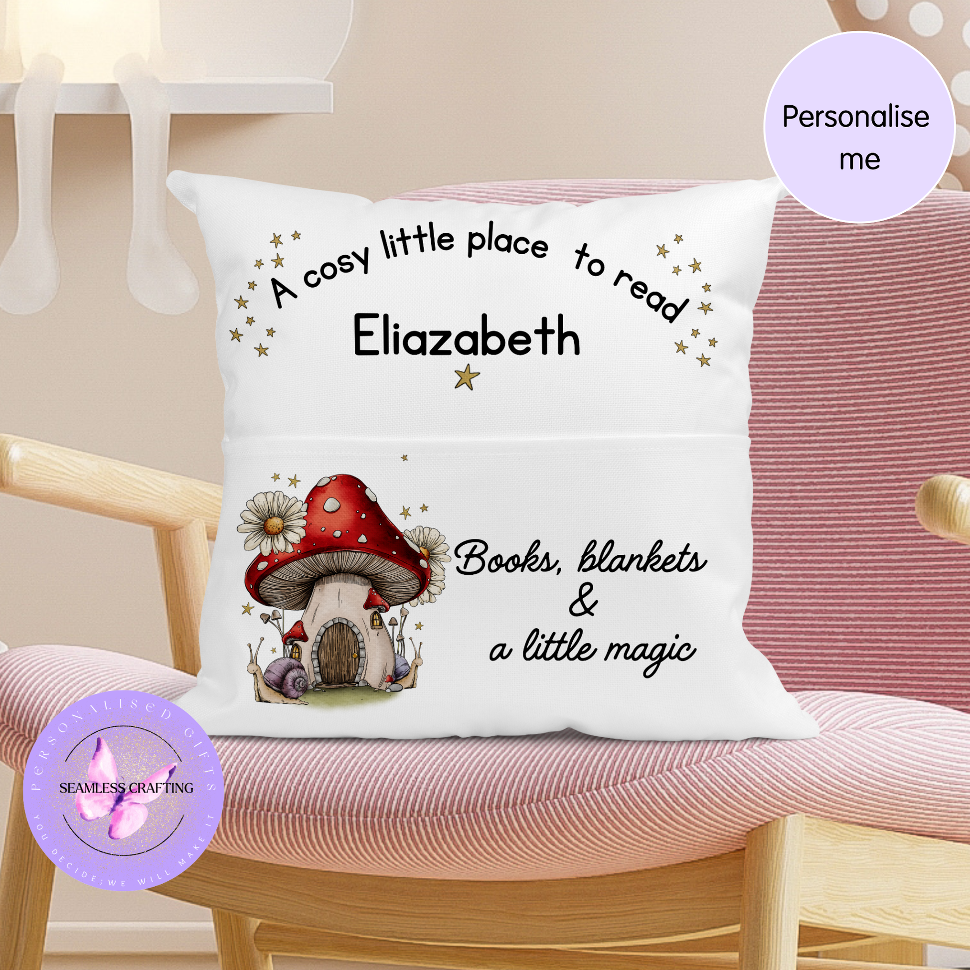 Personalised kids cushion with plain back and hidden zip, soft fabric reading pillow with pocket