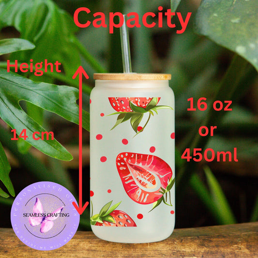 Personalised Strewberry glass cup with lid & strew, Iced coffee mug, summer drink set, reusable 16 oz can glass, cold drinks cup custom made