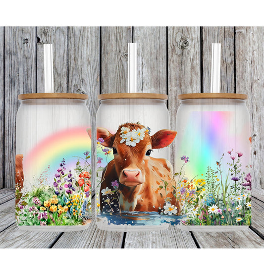 Personalised Glass Cup Floral Rainbow Cow, Iced Coffee Glass Cup, Glass Beer Can Bambo Lid & Plastic Straw, Gift For Cow Lover, Gift For Her