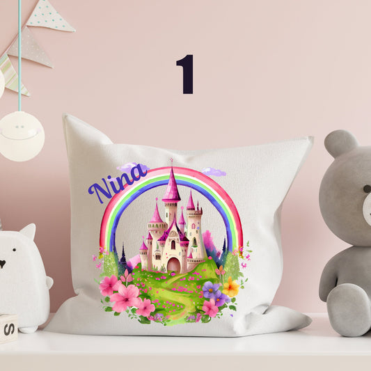 Personalised Rainbow Castle Fairy Tale Pillow, Princess Castle, Fairy Tale Dream Cushion, Girls, Girls Bedroom gifts pillow, Gift For Girls