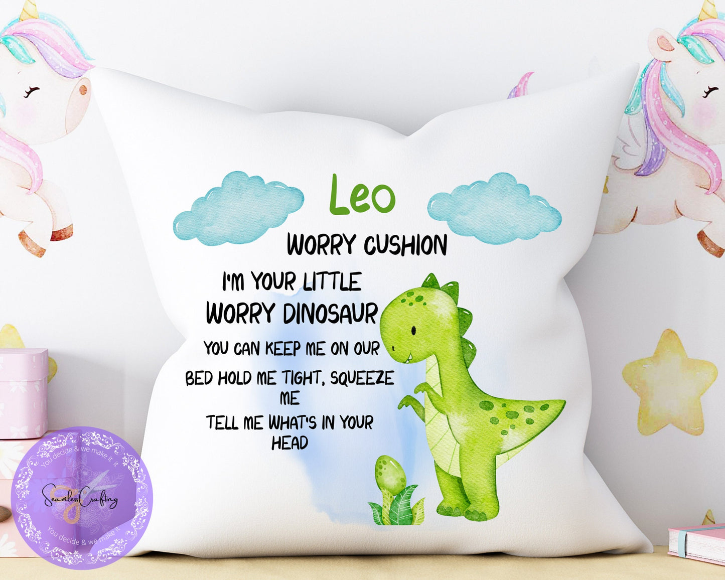 Personalised Dinosaur Worry Cushion, Bad Dreams, Anxiety Calmer Gift Pillow, Bad Dream Catcher, Cuddle Pillow Gifts, Gift For kids