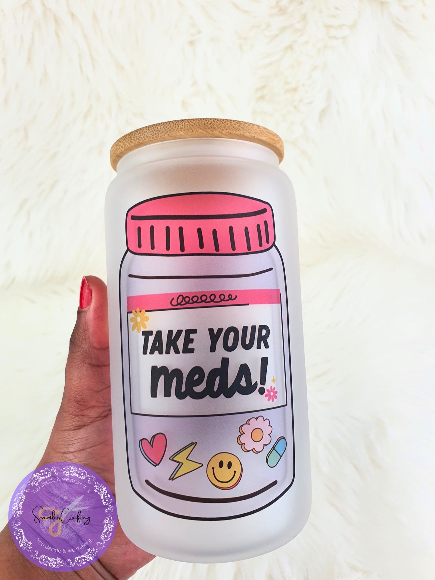 Personalised take your meds glass cup, happy pills mug, funny novelty cold coffee, libbey cup, Bamboo lid, Medication reminder
