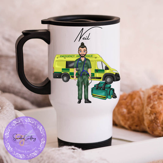 Personalised Paramedic male Character Travel mug gift, First Responder Ambulance Gift for him, Thank you Gift, Paramedic Technician uniform