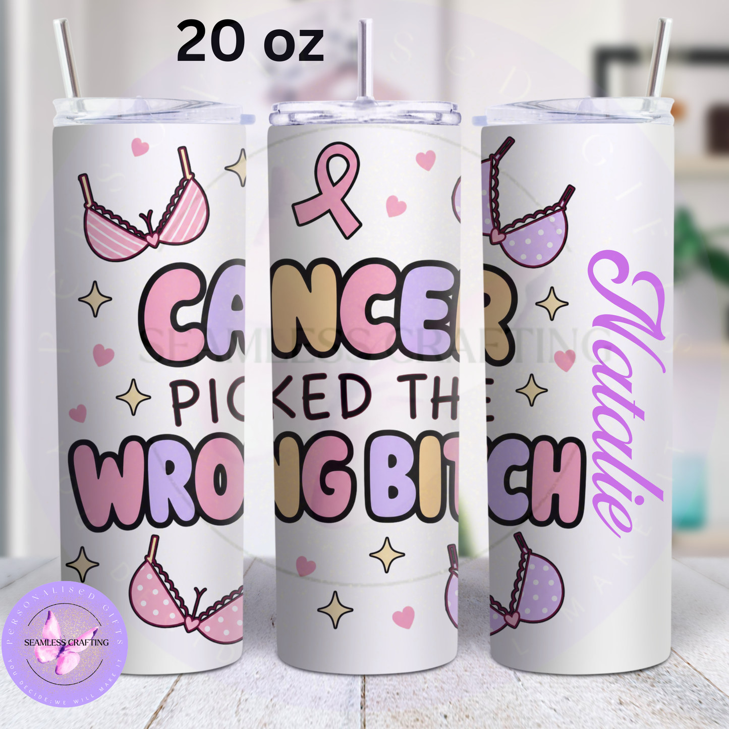 Personalised 20oz breast cancer tumbler with straw and wraparound pink ribbon design