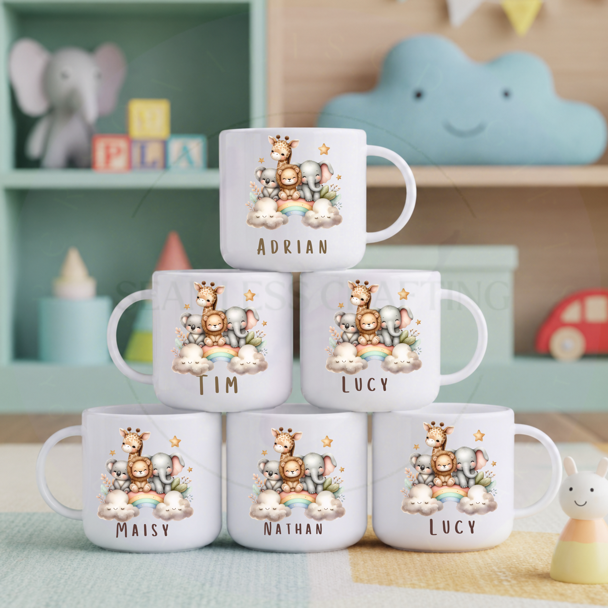 Stacked personalised kids polymer mugs with safari animals rainbow and different names