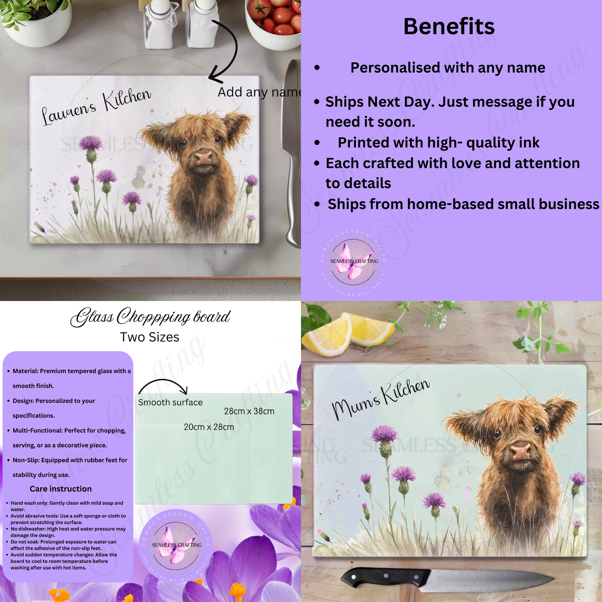 highland cow glass chopping board on kitchen counter styled mockup