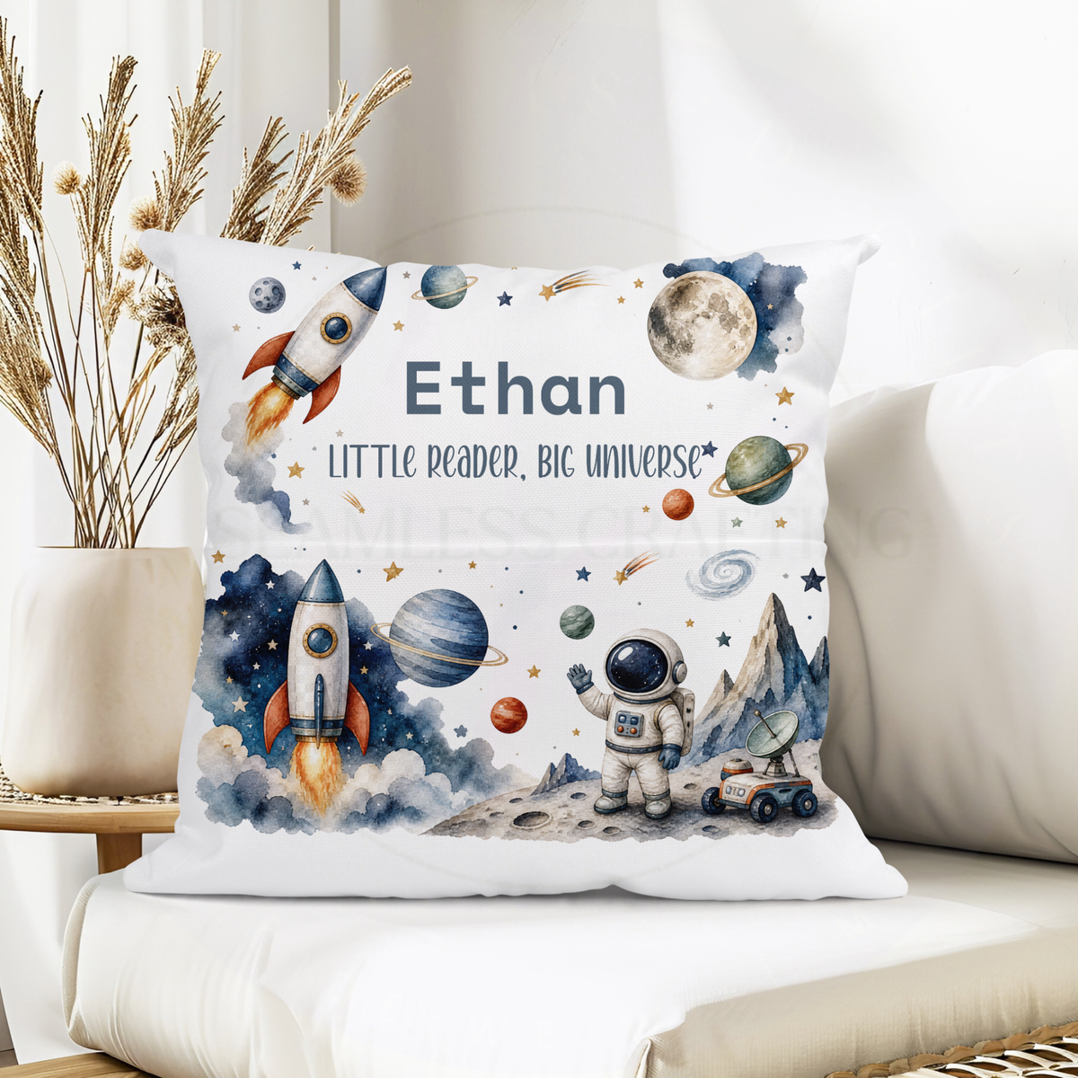 Personalised space book cushion with Little Reader Big Universe design and front pocket