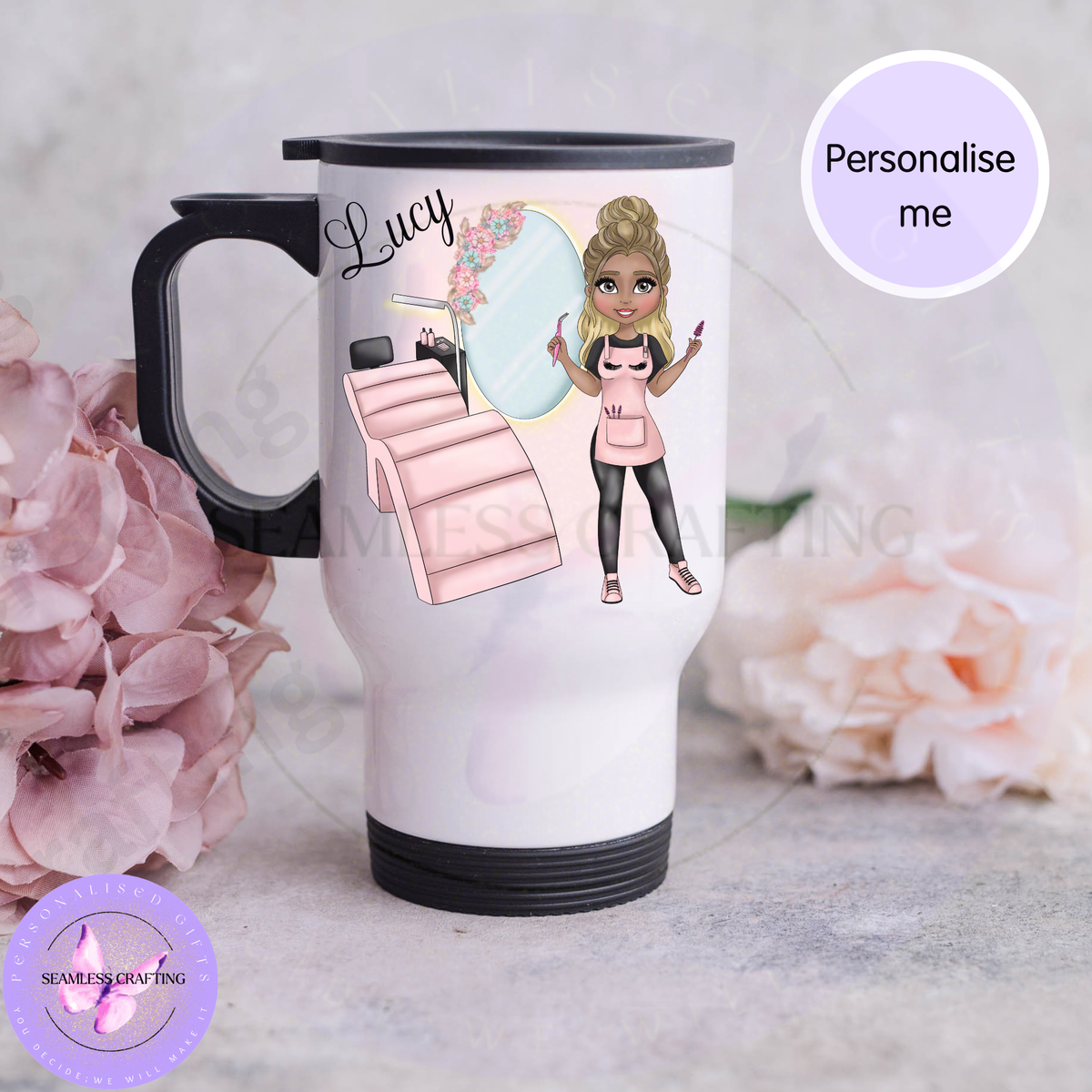 Personalised 14oz stainless steel lash tech travel mug with custom character and name