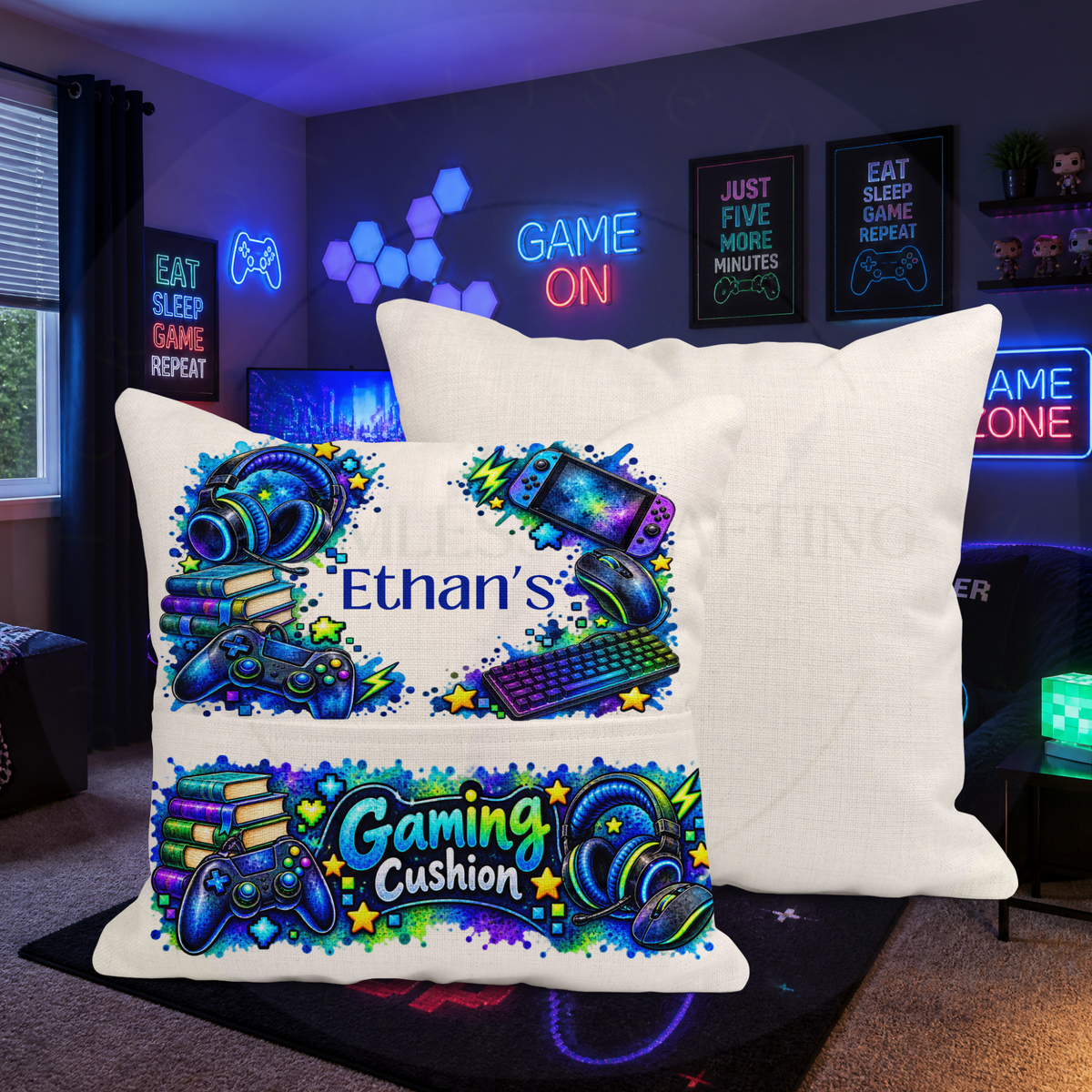 Personalised gamer reading cushion cover with book pocket and custom name