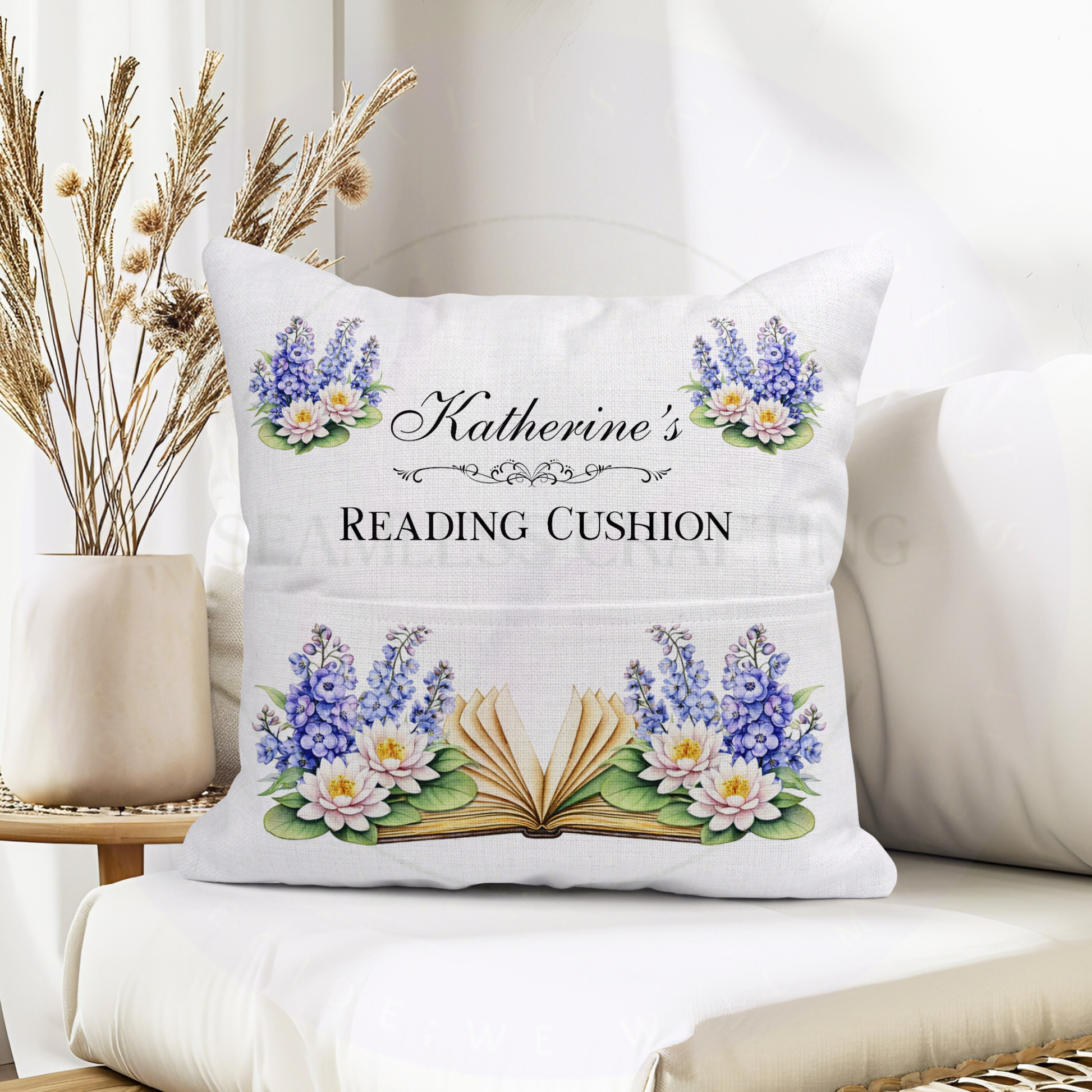 Personalised July birth flower reading cushion with pocket – Larkspur and Water Lily design, 40x40cm linen