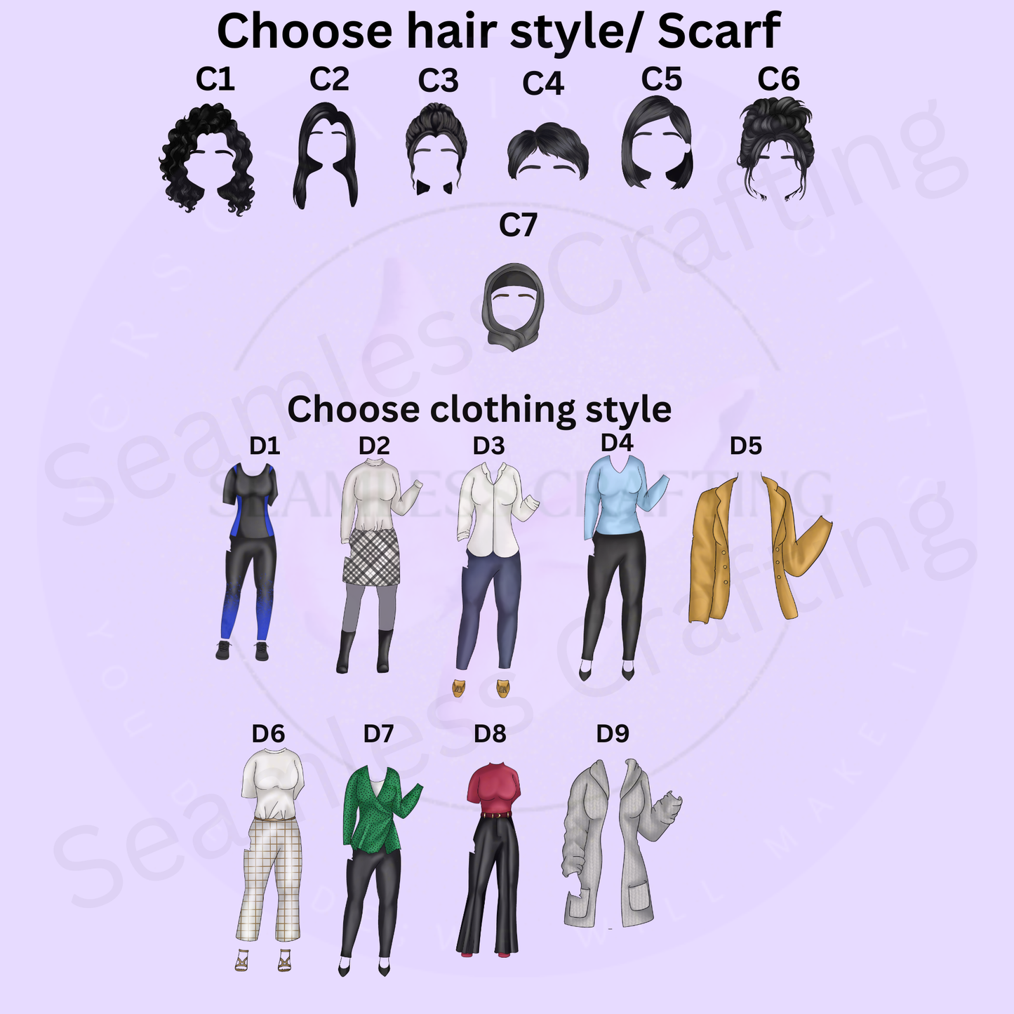 Teacher notebook character options with hair style, scarf style and clothing choices