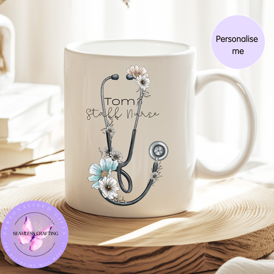 Personalised Nurse Mug with Name | Custom Stethoscope Floral Cup | Nurse Gift UK | Midwife Doctor Appreciation Mug 11oz
