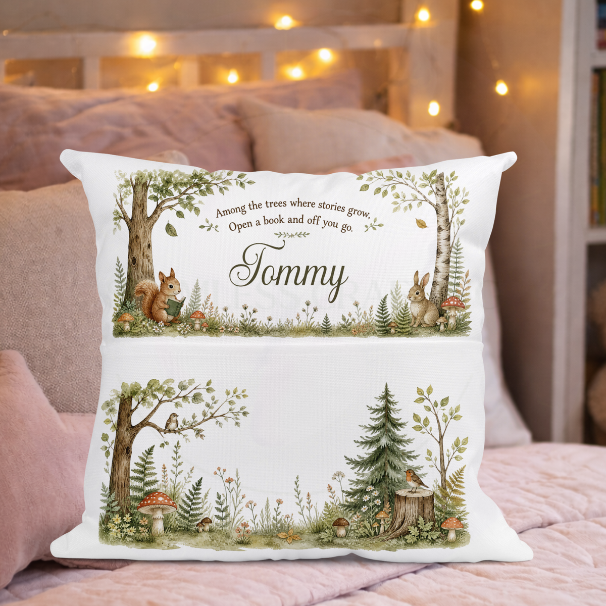 Personalised woodland book pocket cushion with squirrel and rabbit in a neutral room setting