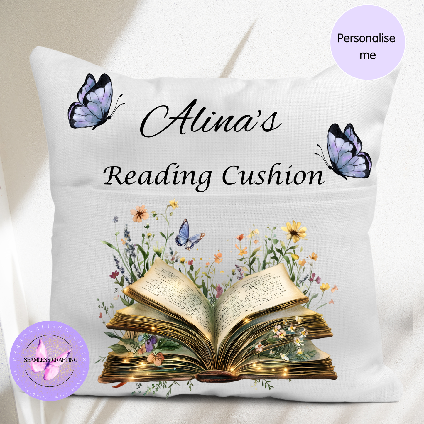 Personalised Butterfly Reading Cushion with Pocket – Book Lover Gift, Linen Canvas Cushion for Readers, Custom Name Book & Butterfly Decor