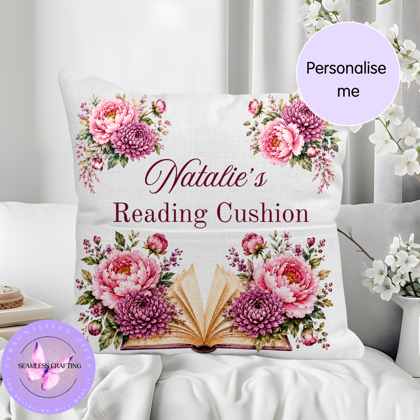 Personalised November birth flower reading cushion with pink chrysanthemum and peony flowers and book pocket