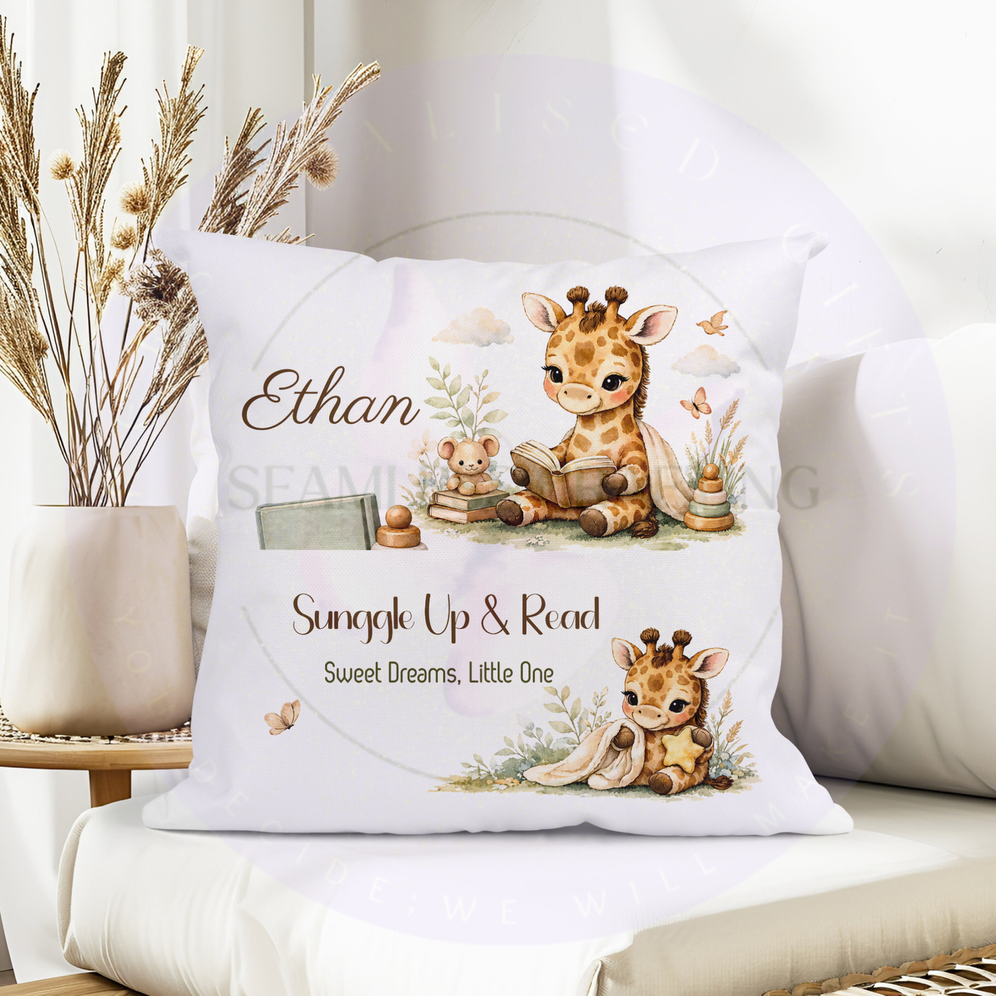 Personalised giraffe reading cushion with book pocket