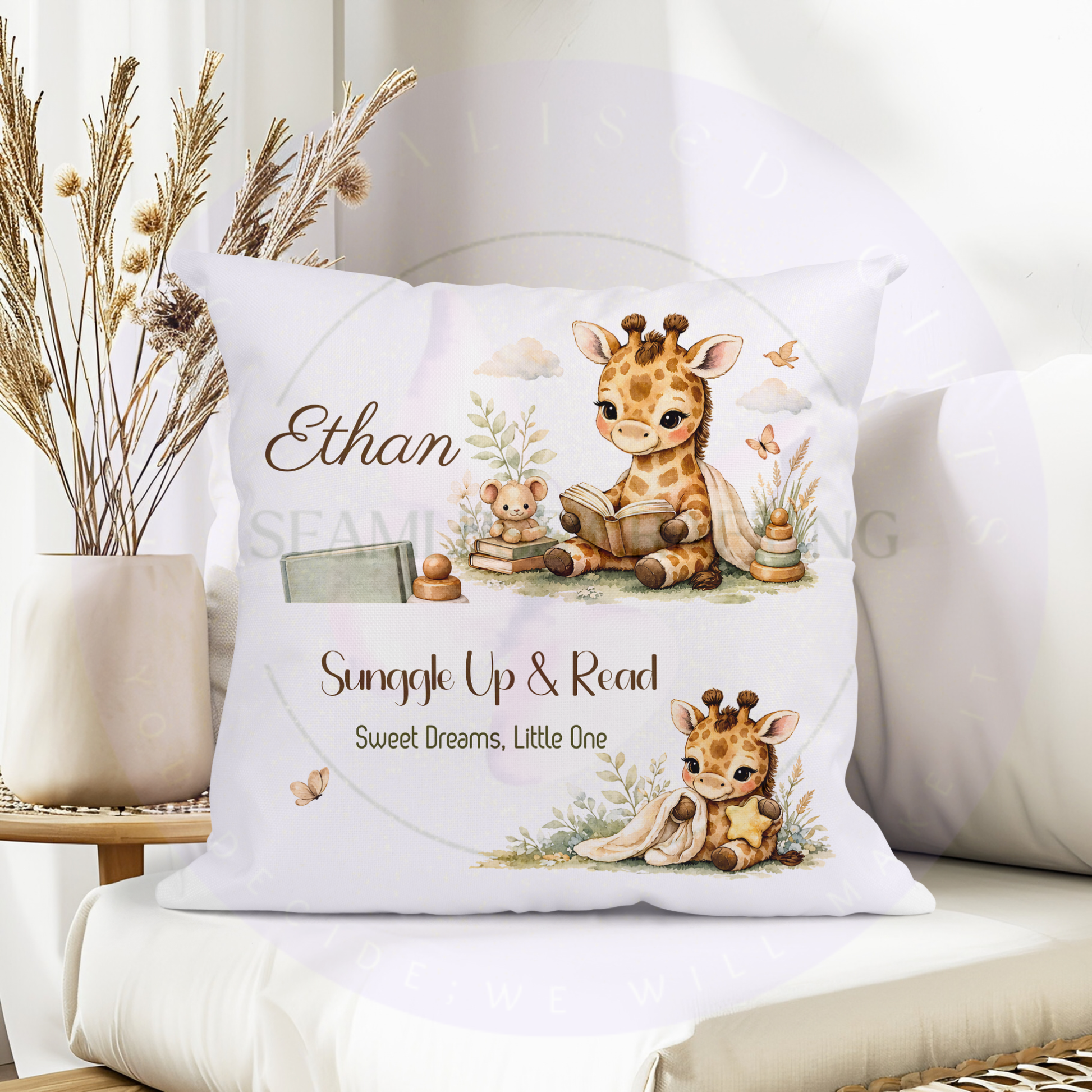 Personalised giraffe reading cushion with book pocket