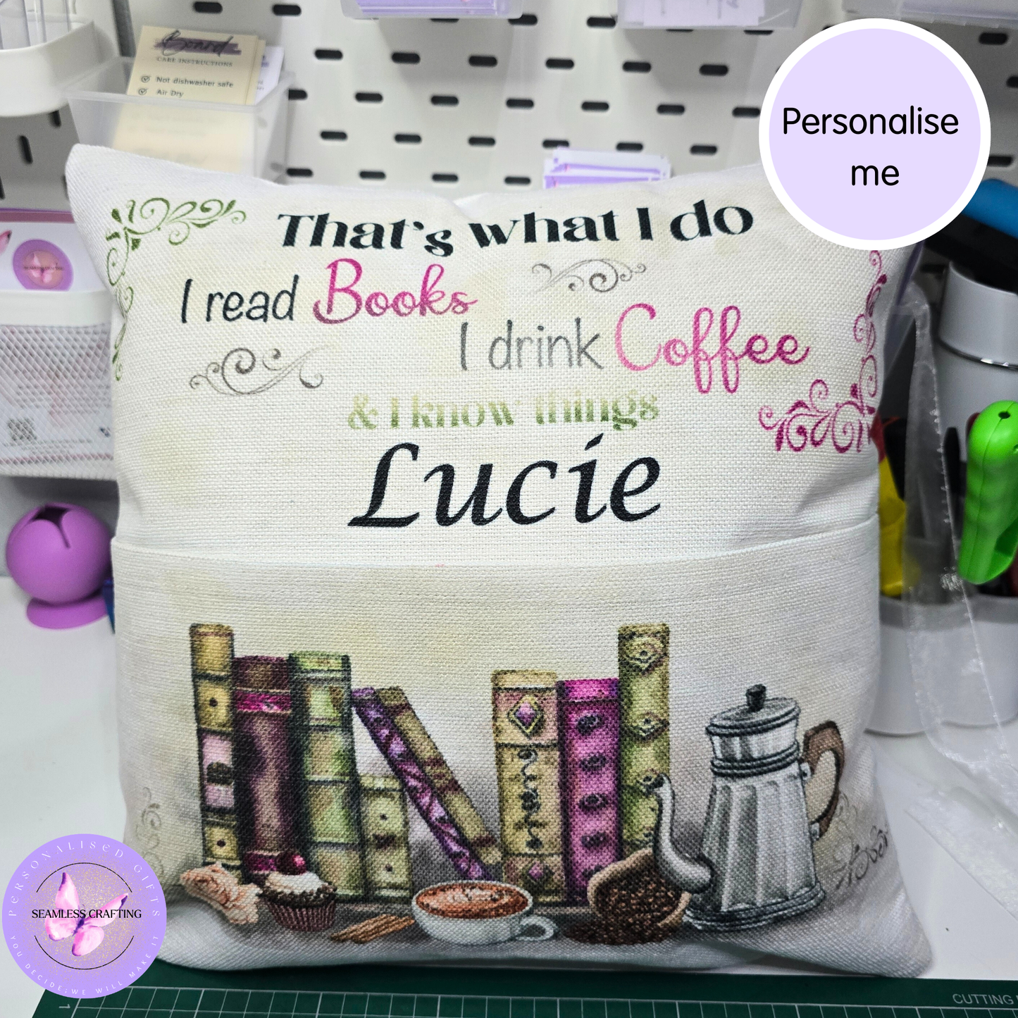 Personalised reading cushion with pocket featuring book lover design, coffee theme and custom name Lucie, handmade cushion