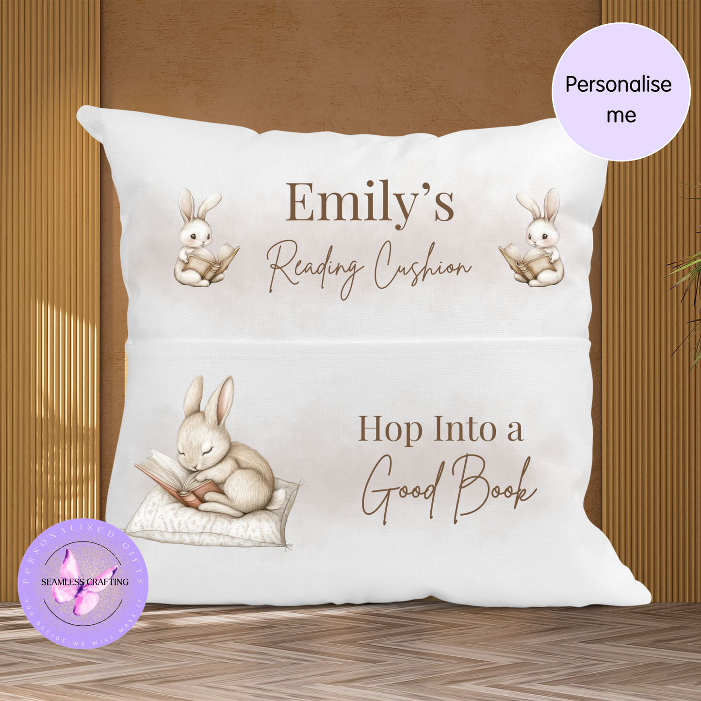 Personalised Bunny Reading Cushion with Pocket – Children’s Book Pillow Gift UK – Hop Into a Good Book