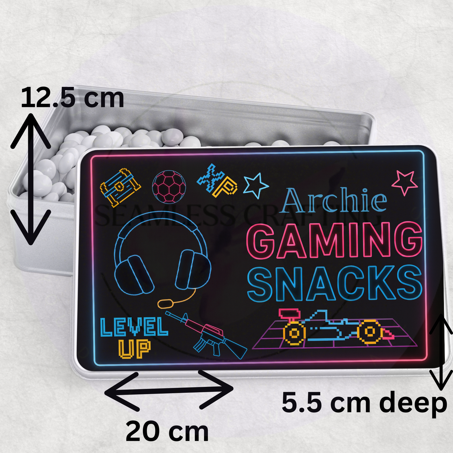 Gaming snacks tin showing size dimensions and personalised Archie design