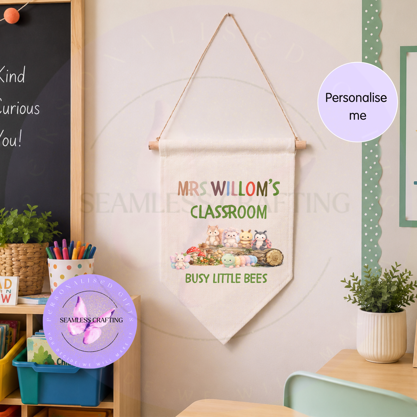 Linen wall hanging classroom sign shown in nursery style classroom setting