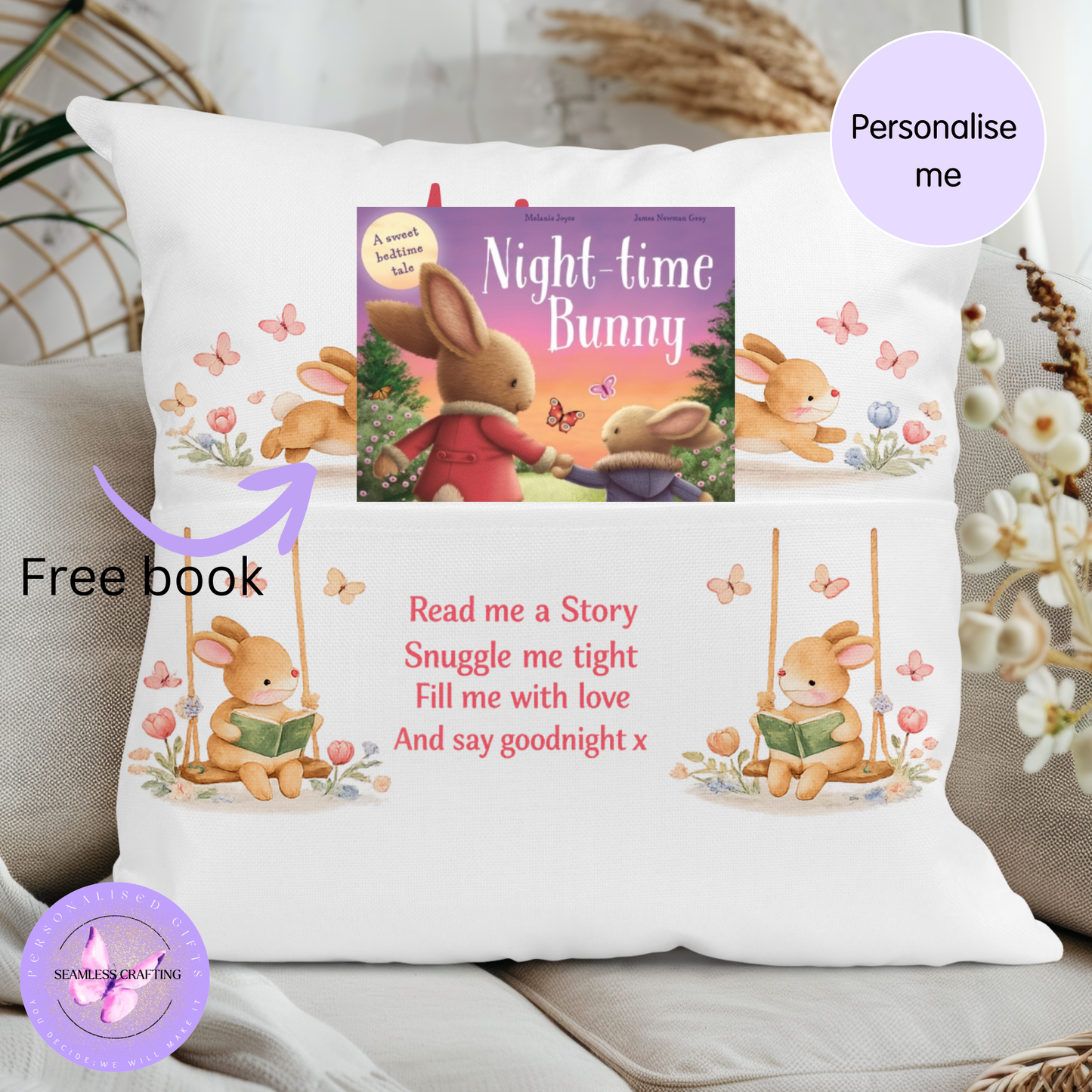 Personalised Bunny Reading Cushion with Pocket – Baby Bedtime Story Pillow – Custom Name Nursery Gift – Bunny Book Cushion